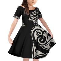 All Black Maori Tribal Tattoo Personalised Family Matching Off Shoulder Short Dress and Hawaiian Shirt Stone Gray Polynesian Style - Polynesian Pride