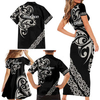 All Black Maori Tribal Tattoo Personalised Family Matching Short Sleeve Bodycon Dress and Hawaiian Shirt Stone Gray Polynesian Style - Polynesian Pride