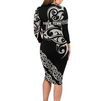 All Black Maori Tribal Tattoo Personalised Long Sleeve Bodycon Dress Stone Gray Polynesian Style LT9 - Polynesian Pride
