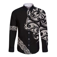 All Black Maori Tribal Tattoo Personalised Long Sleeve Button Shirt Stone Gray Polynesian Style - Polynesian Pride