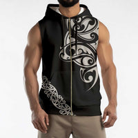 All Black Maori Tribal Tattoo Personalised Sleeveless Zip Hoodie Stone Gray Polynesian Style - Polynesian Pride
