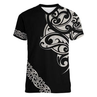 All Black Maori Tribal Tattoo Personalised Women V-Neck T-Shirt Stone Gray Polynesian Style - Polynesian Pride