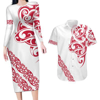 All White Maori Tribal Tattoo Personalised Couples Matching Long Sleeve Bodycon Dress and Hawaiian Shirt Classic Red Polynesian Style - Polynesian Pride