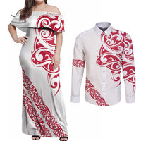 All White Maori Tribal Tattoo Personalised Couples Matching Off Shoulder Maxi Dress and Long Sleeve Button Shirt Classic Red Polynesian Style - Polynesian Pride