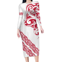 All White Maori Tribal Tattoo Personalised Long Sleeve Bodycon Dress Classic Red Polynesian Style LT9 Long Dress Red - Polynesian Pride