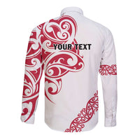 All White Maori Tribal Tattoo Personalised Long Sleeve Button Shirt Classic Red Polynesian Style - Polynesian Pride