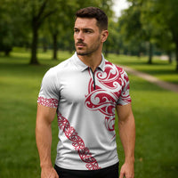 All White Maori Tribal Tattoo Personalised Zipper Polo Shirt Classic Red Polynesian Style - Polynesian Pride