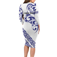 All White Maori Tribal Tattoo Personalised Family Matching Long Sleeve Bodycon Dress and Hawaiian Shirt Dark Blue Polynesian Style - Polynesian Pride