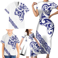 All White Maori Tribal Tattoo Personalised Family Matching Short Sleeve Bodycon Dress and Hawaiian Shirt Dark Blue Polynesian Style - Polynesian Pride