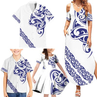 All White Maori Tribal Tattoo Personalised Family Matching Summer Maxi Dress and Hawaiian Shirt Dark Blue Polynesian Style - Polynesian Pride