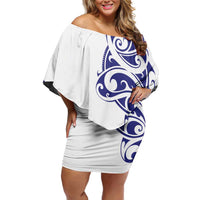 All White Maori Tribal Tattoo Personalised Off Shoulder Short Dress Dark Blue Polynesian Style - Polynesian Pride