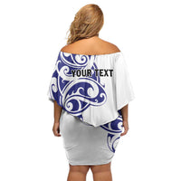 All White Maori Tribal Tattoo Personalised Off Shoulder Short Dress Dark Blue Polynesian Style - Polynesian Pride