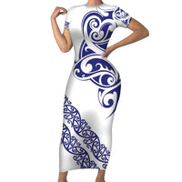 All White Maori Tribal Tattoo Personalised Short Sleeve Bodycon Dress Dark Blue Polynesian Style LT9 Long Dress Blue - Polynesian Pride