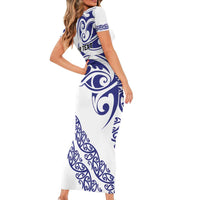 All White Maori Tribal Tattoo Personalised Short Sleeve Bodycon Dress Dark Blue Polynesian Style LT9 - Polynesian Pride