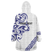 All White Maori Tribal Tattoo Personalised Wearable Blanket Hoodie Dark Blue Polynesian Style - Polynesian Pride