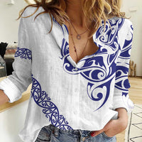 All White Maori Tribal Tattoo Personalised Women Casual Shirt Dark Blue Polynesian Style - Polynesian Pride