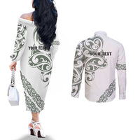 All White Maori Tribal Tattoo Personalised Couples Matching Off The Shoulder Long Sleeve Dress and Long Sleeve Button Shirt Moss Green Polynesian Style - Polynesian Pride