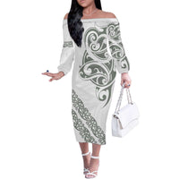 All White Maori Tribal Tattoo Personalised Family Matching Off The Shoulder Long Sleeve Dress and Hawaiian Shirt Moss Green Polynesian Style - Polynesian Pride