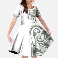 All White Maori Tribal Tattoo Personalised Family Matching Short Sleeve Bodycon Dress and Hawaiian Shirt Moss Green Polynesian Style - Polynesian Pride