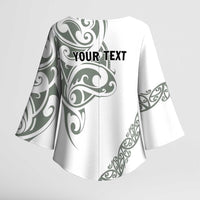 All White Maori Tribal Tattoo Personalised Kimono Sleeve Blouse Moss Green Polynesian Style - Polynesian Pride