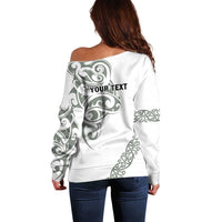 All White Maori Tribal Tattoo Personalised Off Shoulder Sweater Moss Green Polynesian Style - Polynesian Pride