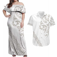 All White Maori Tribal Tattoo Personalised Couples Matching Off Shoulder Maxi Dress and Hawaiian Shirt Stone Gray Polynesian Style - Polynesian Pride