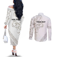 All White Maori Tribal Tattoo Personalised Couples Matching Off The Shoulder Long Sleeve Dress and Long Sleeve Button Shirt Stone Gray Polynesian Style - Polynesian Pride