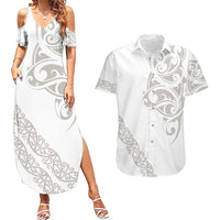 All White Maori Tribal Tattoo Personalised Couples Matching Summer Maxi Dress and Hawaiian Shirt Stone Gray Polynesian Style - Polynesian Pride