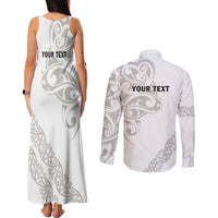 All White Maori Tribal Tattoo Personalised Couples Matching Tank Maxi Dress and Long Sleeve Button Shirt Stone Gray Polynesian Style - Polynesian Pride