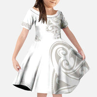 All White Maori Tribal Tattoo Personalised Family Matching Off Shoulder Maxi Dress and Hawaiian Shirt Stone Gray Polynesian Style - Polynesian Pride