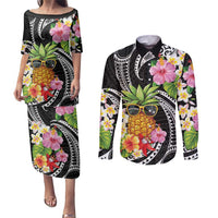 Hau'oli Makahiki Hou Couples Matching Puletasi and Long Sleeve Button Shirt Aloha Pineapple Tropical Vibe LT9 Black - Polynesian Pride