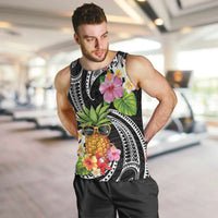 Hau'oli Makahiki Hou Men Tank Top Aloha Pineapple Tropical Vibe LT9 Black - Polynesian Pride