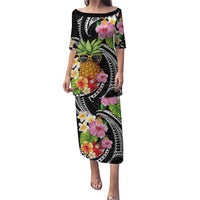 Hau'oli Makahiki Hou Puletasi Aloha Pineapple Tropical Vibe LT9 Long Dress Black - Polynesian Pride