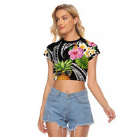 Hau'oli Makahiki Hou Raglan Cropped T Shirt Aloha Pineapple Tropical Vibe LT9 Female Black - Polynesian Pride