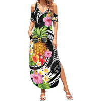 Hau'oli Makahiki Hou Summer Maxi Dress Aloha Pineapple Tropical Vibe LT9 Women Black - Polynesian Pride