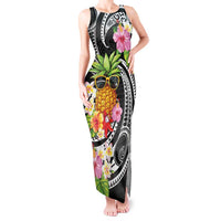 Hau'oli Makahiki Hou Tank Maxi Dress Aloha Pineapple Tropical Vibe LT9 Women Black - Polynesian Pride