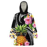 Hau'oli Makahiki Hou Wearable Blanket Hoodie Aloha Pineapple Tropical Vibe LT9 One Size Black - Polynesian Pride