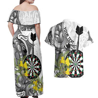 Personalised New Zealand Darts Couples Matching Off Shoulder Maxi Dress and Hawaiian Shirt Kowhai Floral with Maori Tattoo