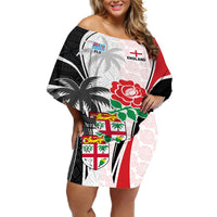 Custom Fiji England Rugby Off Shoulder Short Dress Tapa Pattern and Rose Flower World Cup 2023 LT9 Women White - Polynesian Pride