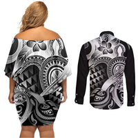 Aloha Black Tribal Honu Tattoo Couples Matching Off Shoulder Short Dress and Long Sleeve Button Shirt