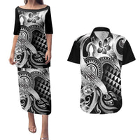 Aloha Black Tribal Honu Tattoo Couples Matching Puletasi and Hawaiian Shirt