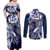Aloha Blue Tribal Honu Tattoo Couples Matching Off Shoulder Maxi Dress and Long Sleeve Button Shirt