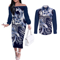 Aloha Blue Tribal Honu Tattoo Couples Matching Off The Shoulder Long Sleeve Dress and Long Sleeve Button Shirt