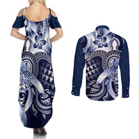 Aloha Blue Tribal Honu Tattoo Couples Matching Summer Maxi Dress and Long Sleeve Button Shirt