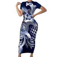 Aloha Blue Tribal Honu Tattoo Family Matching Short Sleeve Bodycon Dress and Hawaiian Shirt