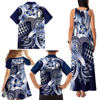 Aloha Blue Tribal Honu Tattoo Family Matching Tank Maxi Dress and Hawaiian Shirt