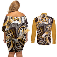 Aloha Gold Tribal Honu Tattoo Couples Matching Off Shoulder Short Dress and Long Sleeve Button Shirt LT9 - Polynesian Pride