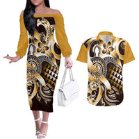 Aloha Gold Tribal Honu Tattoo Couples Matching Off The Shoulder Long Sleeve Dress and Hawaiian Shirt LT9 Gold - Polynesian Pride