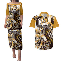 Aloha Gold Tribal Honu Tattoo Couples Matching Puletasi and Hawaiian Shirt LT9 Gold - Polynesian Pride