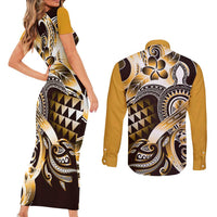 Aloha Gold Tribal Honu Tattoo Couples Matching Short Sleeve Bodycon Dress and Long Sleeve Button Shirt